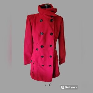 Winter double-breated or Pea coat with red lining and 2 large buttoned pockets
